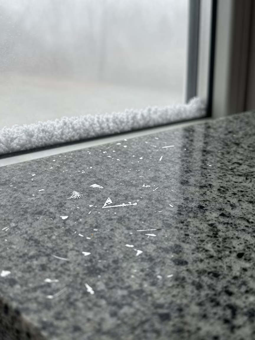 Mica Flakes Glinting on Granite Windowpane in along a frost-edged windowpane in Jacksonville