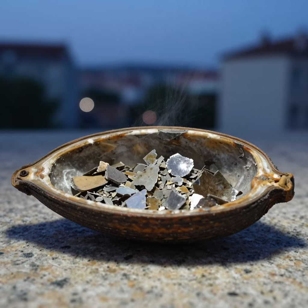 Mica Flakes Glinting in Split Seed Pod in inside a seed pod split open in Montpellier