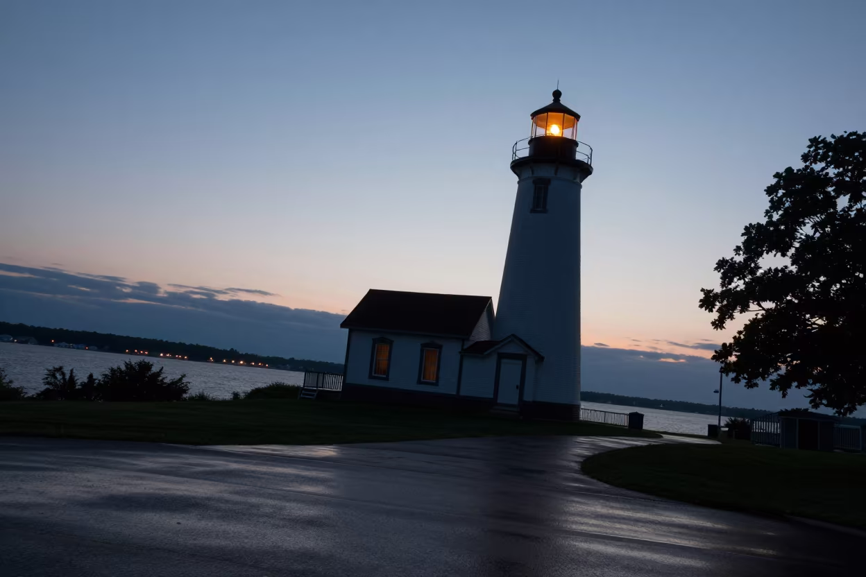 Michigan Lighthouse Silhouette at Dusk in in a lantern-lined temple precinct in Michigan