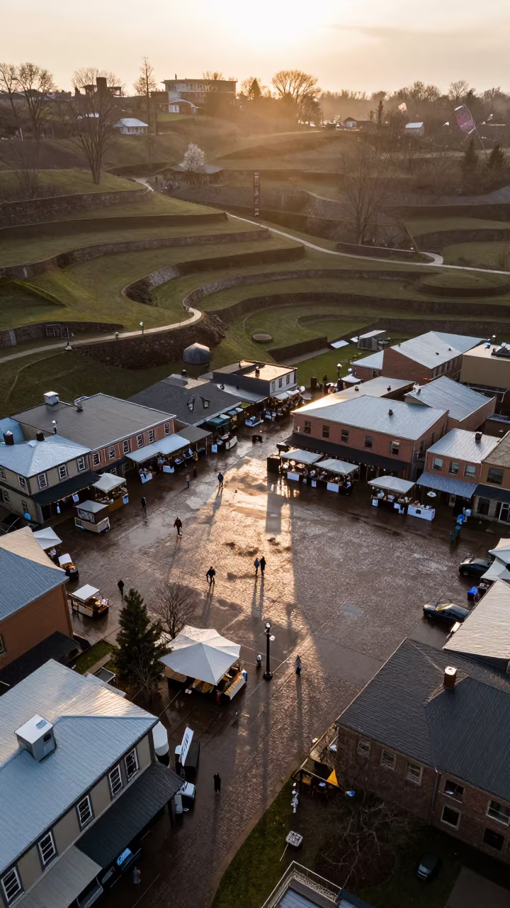 Michigan Market Square Aerial Sunset After Rain in far above terraced hillsides in Michigan