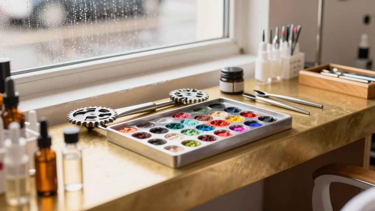 Microblading Pigment Ring on Goldsmith Bench in at a goldsmith bench in a bazaar jewelry lane near Huambo