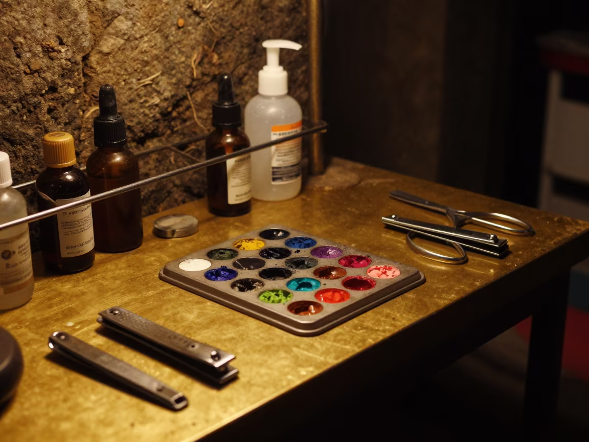 Microblading pigment tray on goldsmith bench in at a goldsmith bench in a bazaar jewelry lane in Vellore