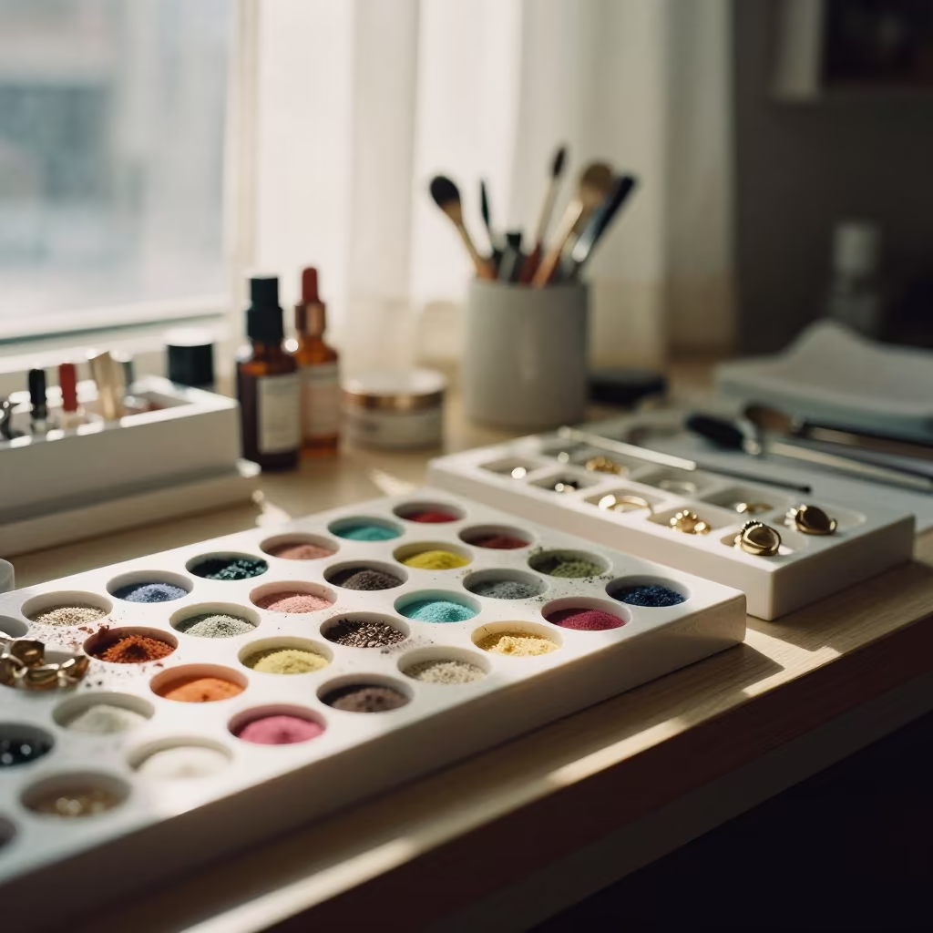 Microblading pigment tray in Hohhot bazaar in at a jewelry counter inside a covered bazaar near Hohhot