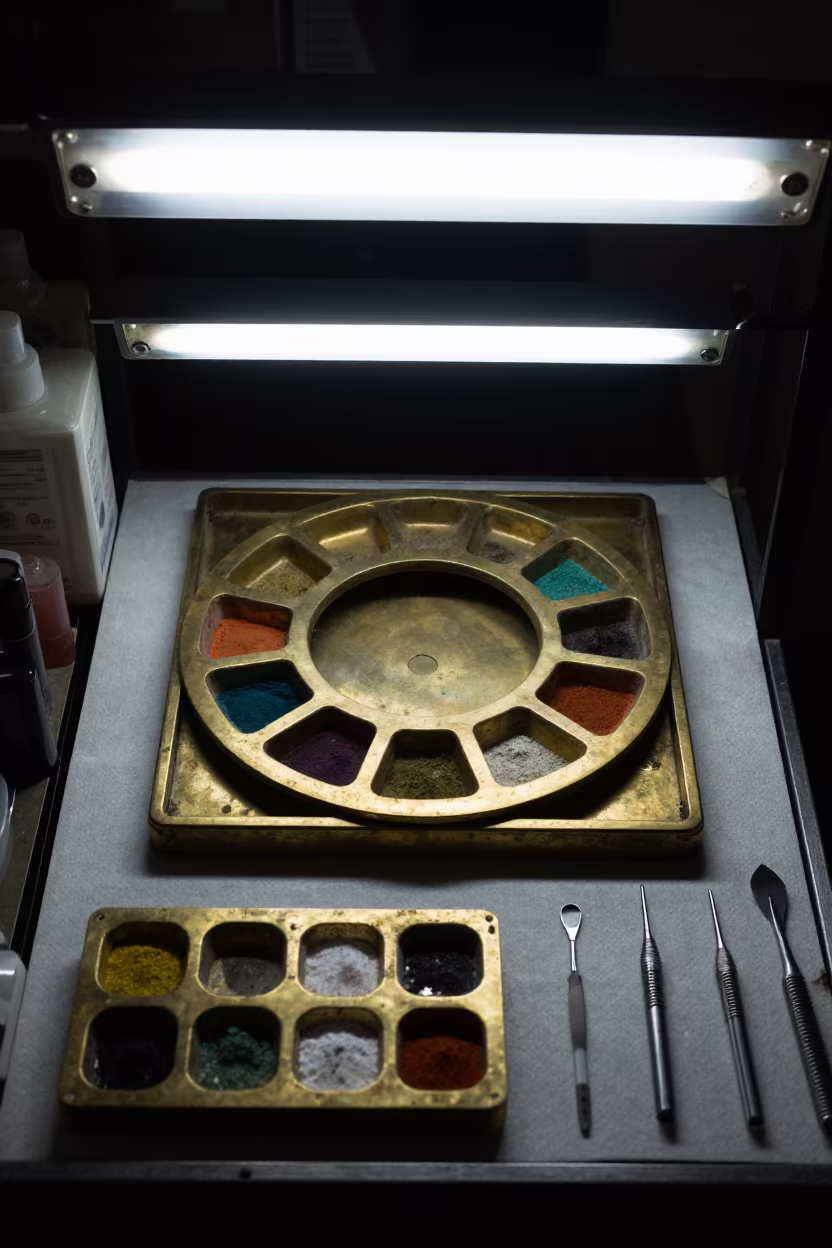 Microblading Pigment Tray in Jerusalem Jeweler Stall in inside a jeweler's stall with brass scales and trays in Jerusalem