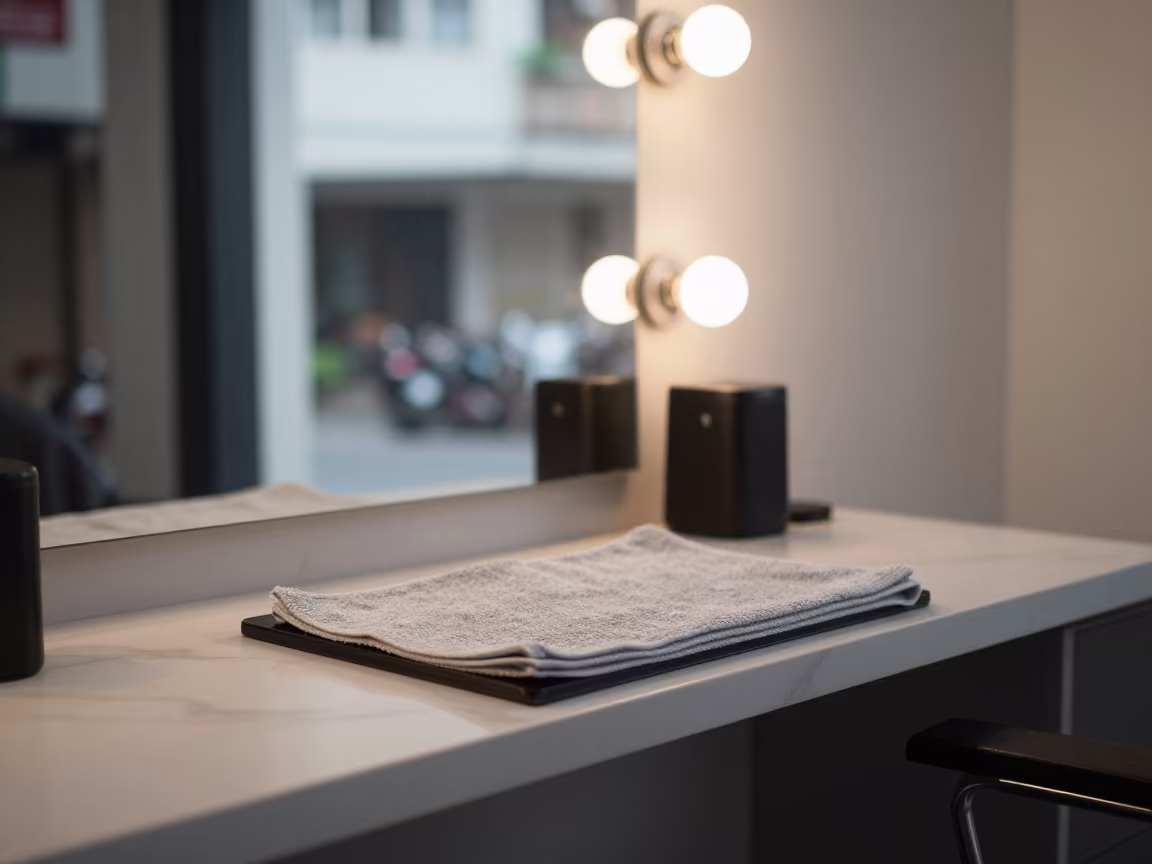 Microfiber Stain Board at Cholon Barber Station in at a barber station beneath mirror bulbs in Cholon, Ho Chi Minh City