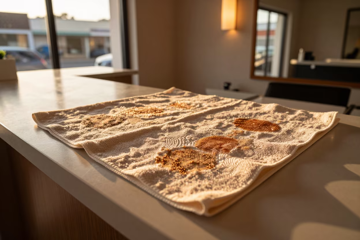 Microfiber Stain Board at Soweto Salon Reception in at a salon reception counter in Soweto