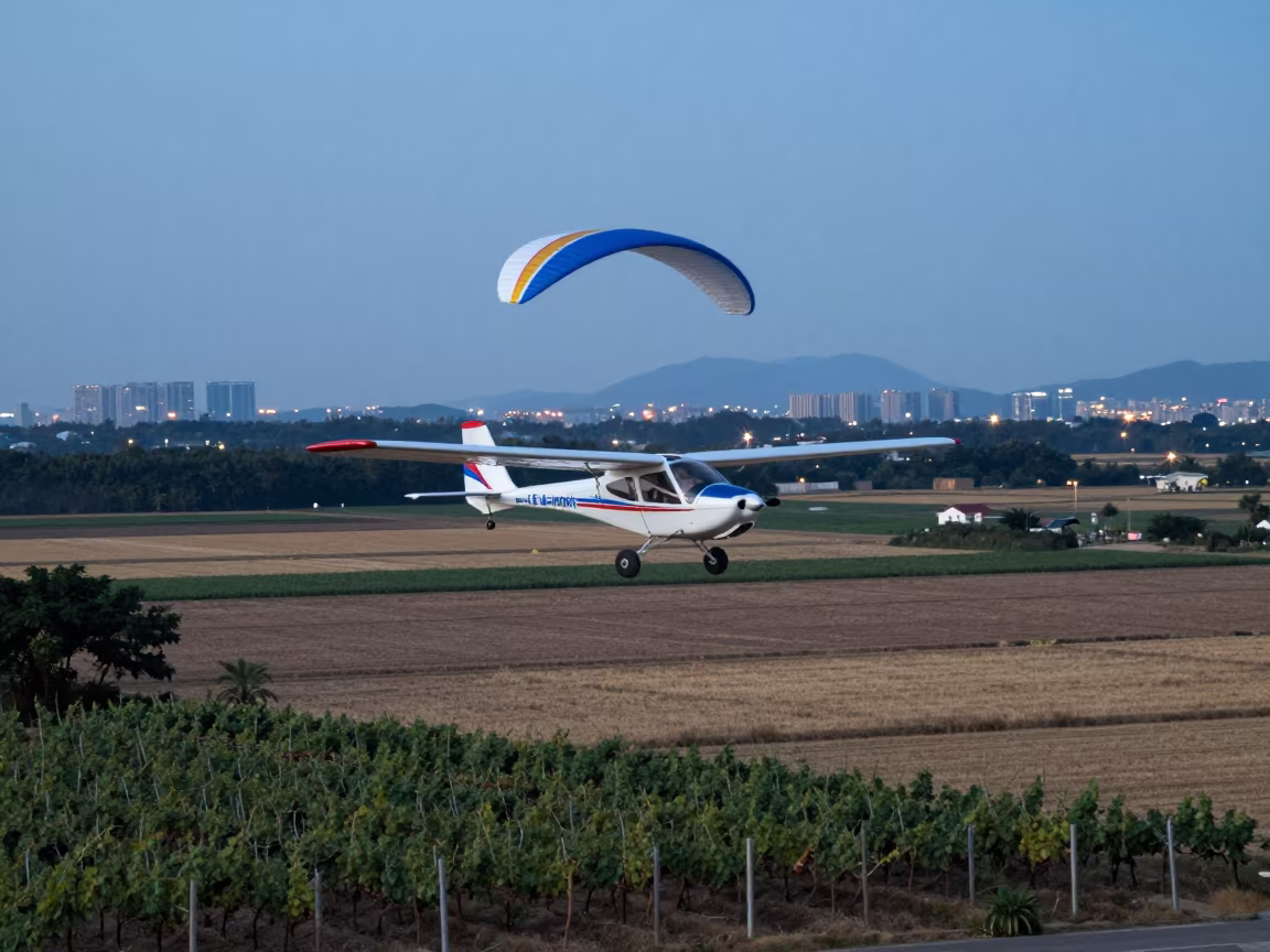 Microlight Flights Over Guangzhou Vineyard Fields in between vineyard trellises in Guangzhou