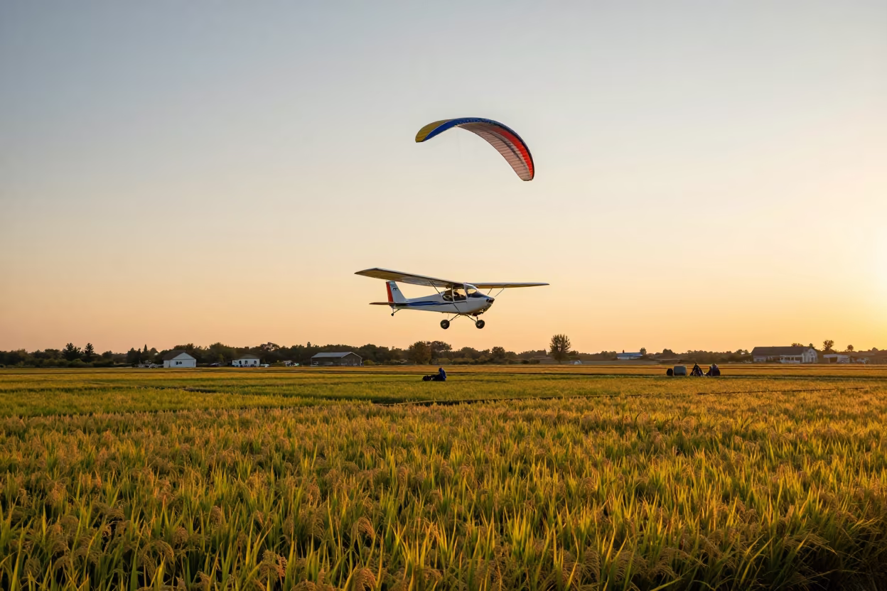 Microlight Over Terraced Rice Paddies at Dusk in among terraced rice paddies in Canada