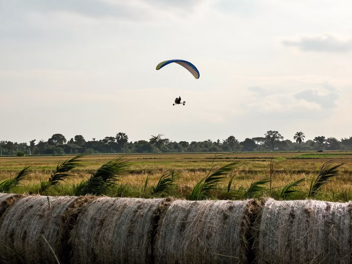 Microlight Silhouette Over Papua Farm Fields in beside stacked hay bales in Papua