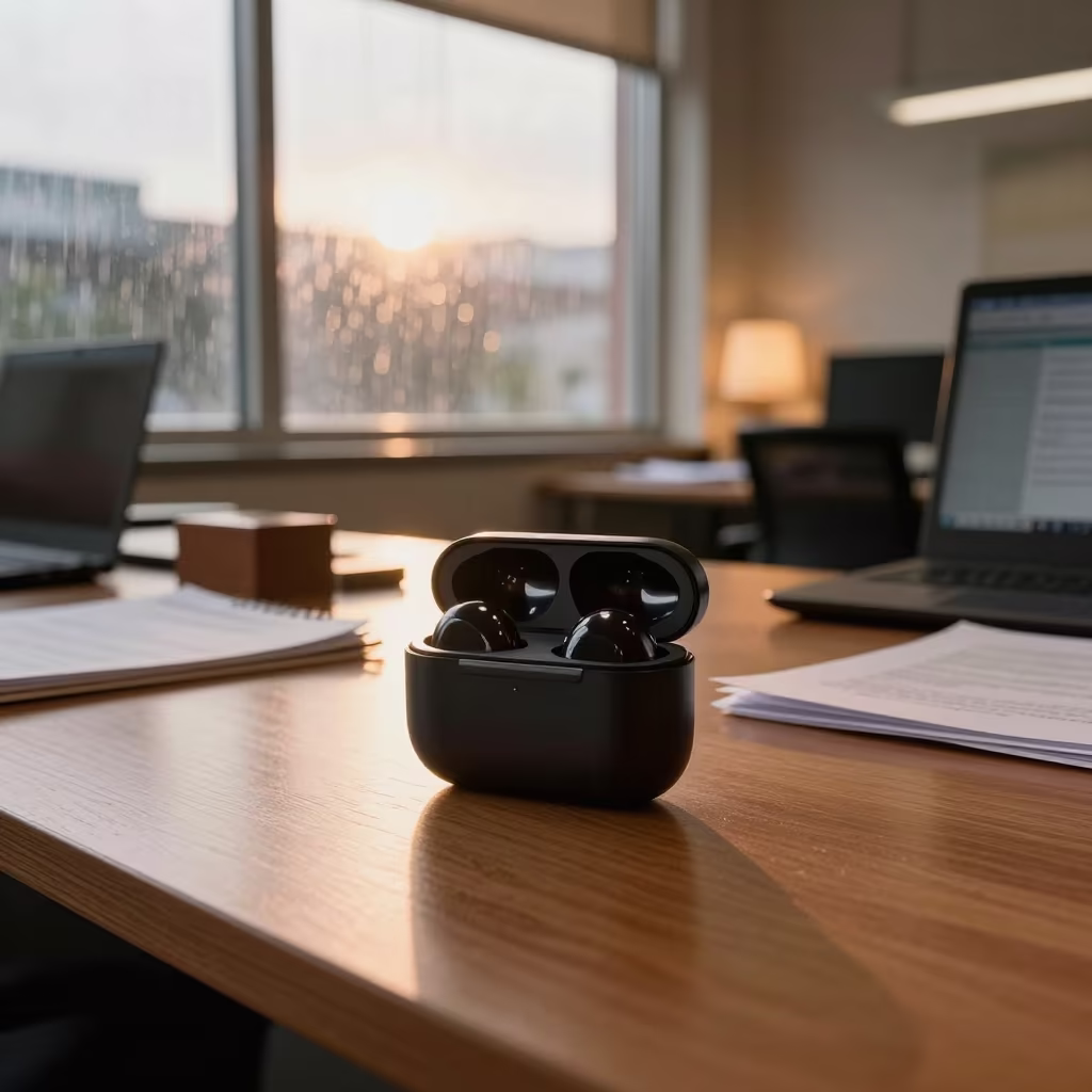 Microphone Case in Copper Light Before Dusk in inside a coworking floor in Carlos Manuel de Céspedes