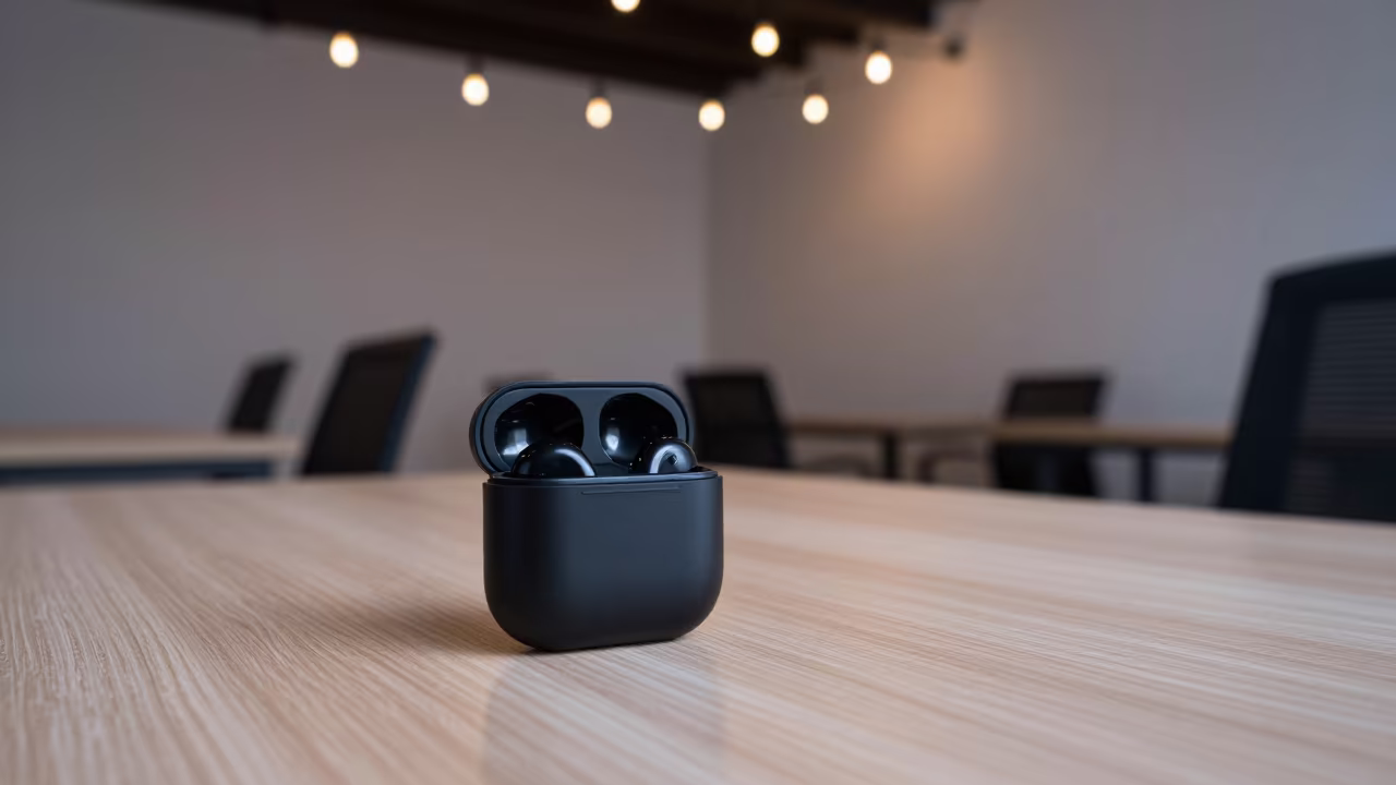 Microphone Case on Desk Under String Lights in inside a coworking floor in Mazatlan