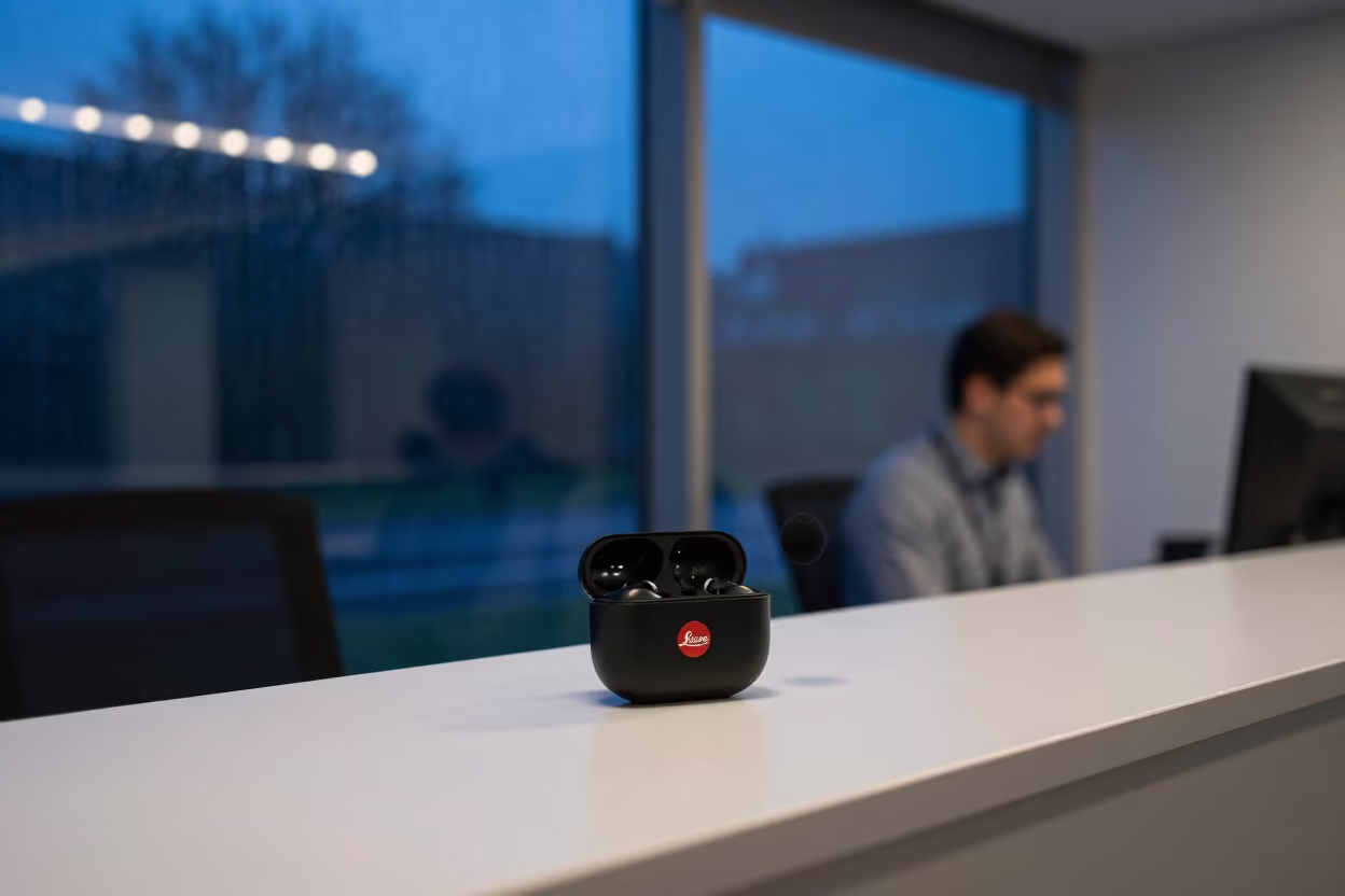 Microphone Charging Case at Blue Hour Office in at an office reception desk in St George's