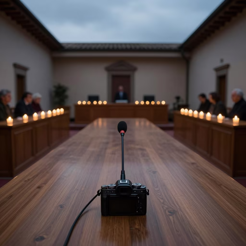 Microphone on Council Table in Assisi Candlelight in inside a council chamber in Assisi