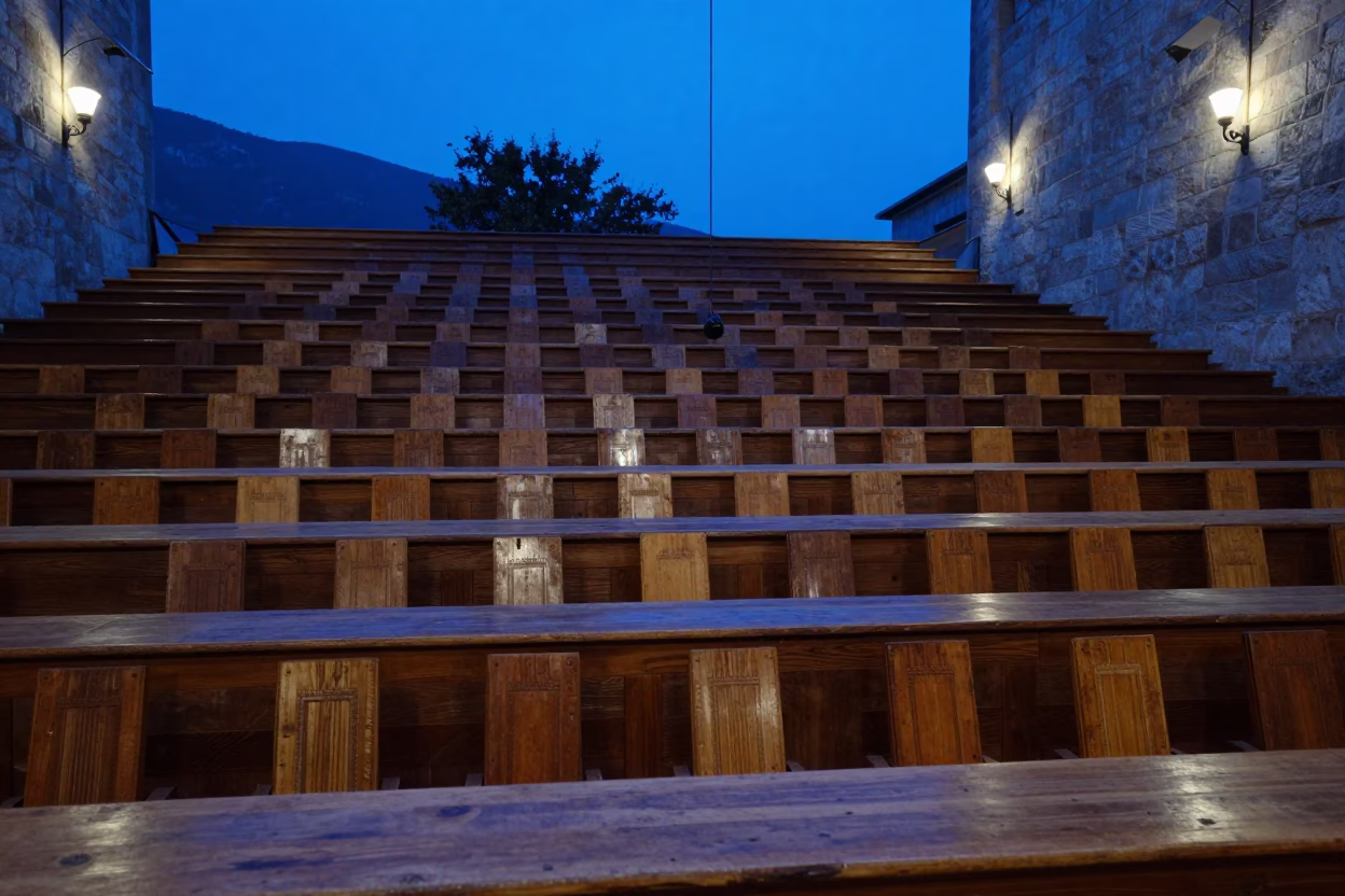 Microphone Over Worn Wood Tablets in Bodrum in in a lecture hall before the crowd arrives in Bodrum