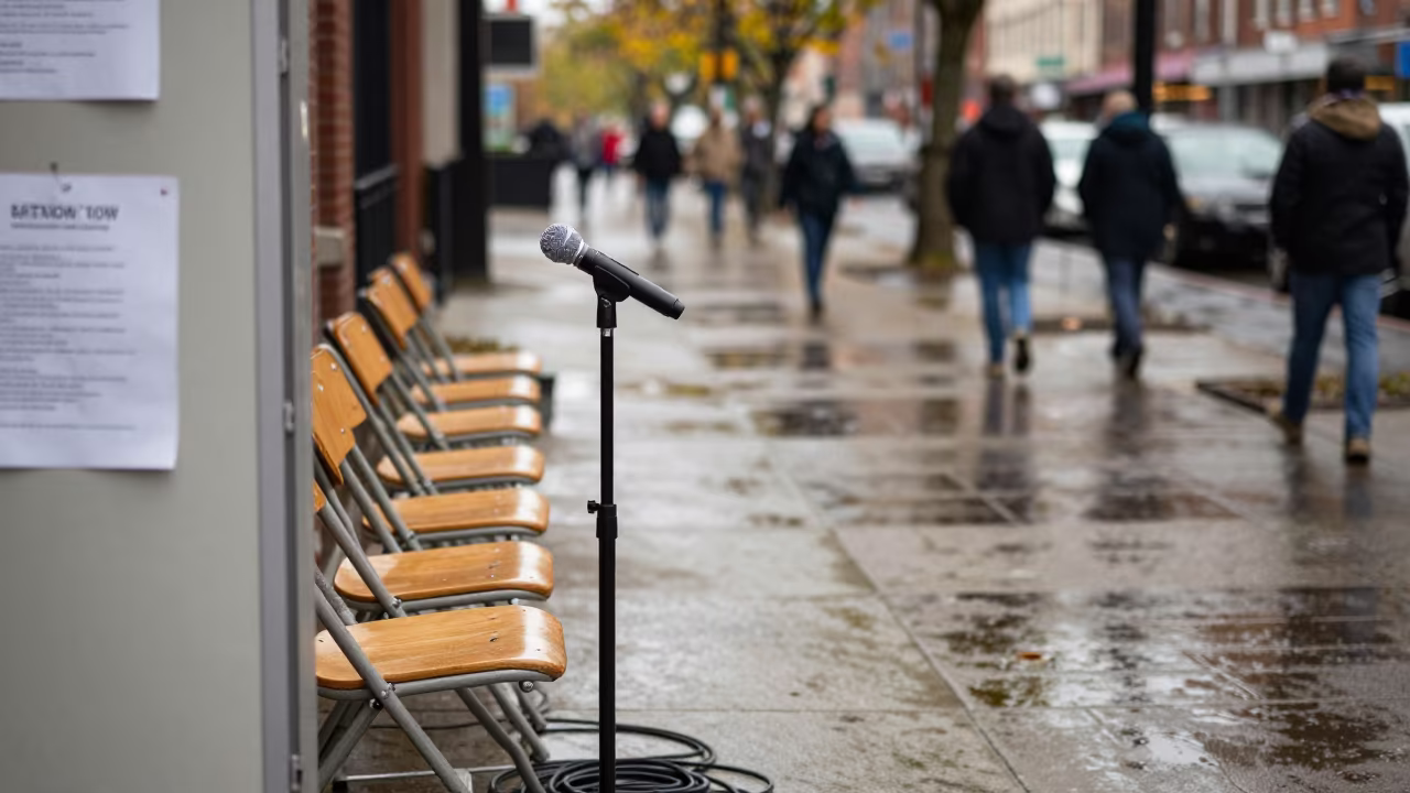 Microphone Tilted Toward Empty Chair Outside Polling Station in outside a polling station entrance in New York