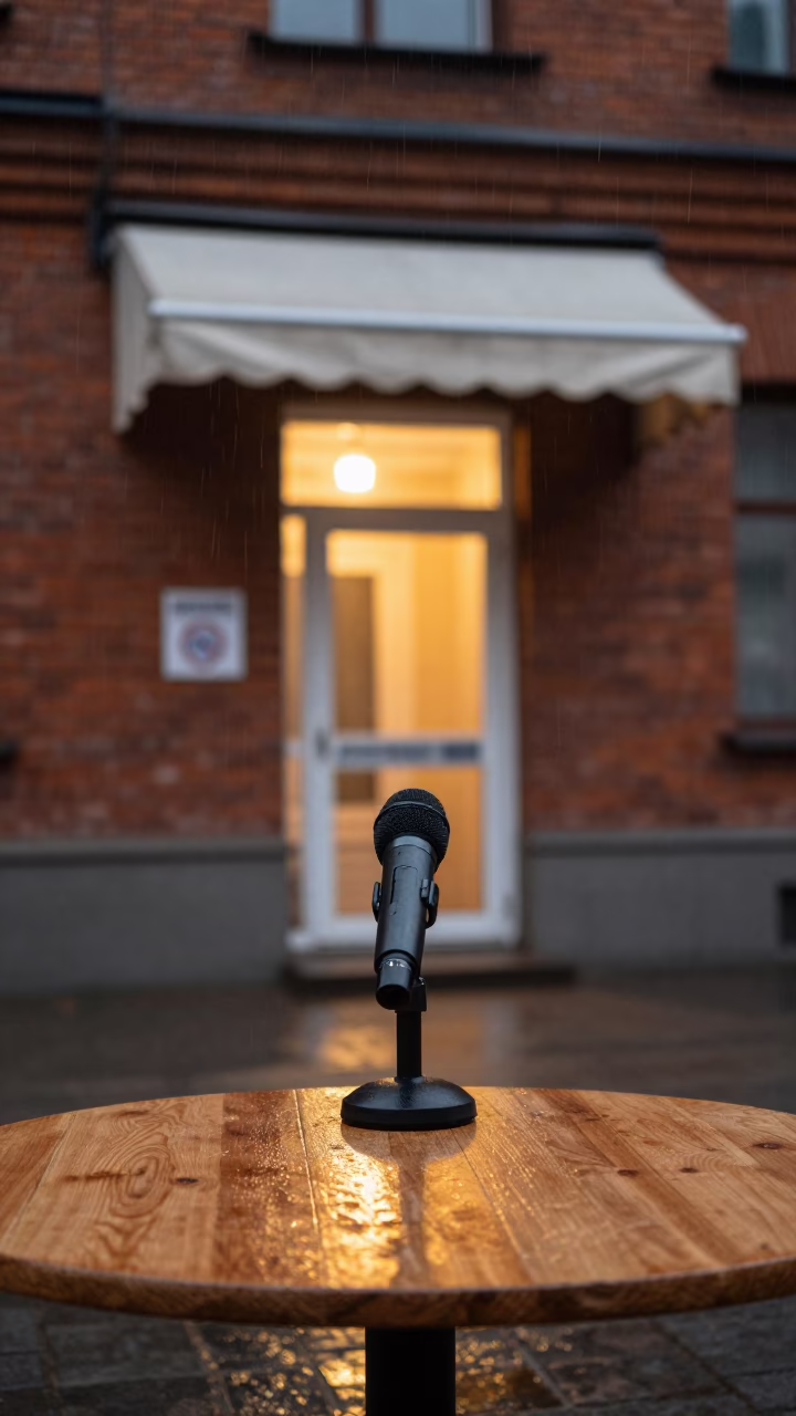 Microphone on Wet Table Moscow Polling Station in outside a polling station entrance in Moscow