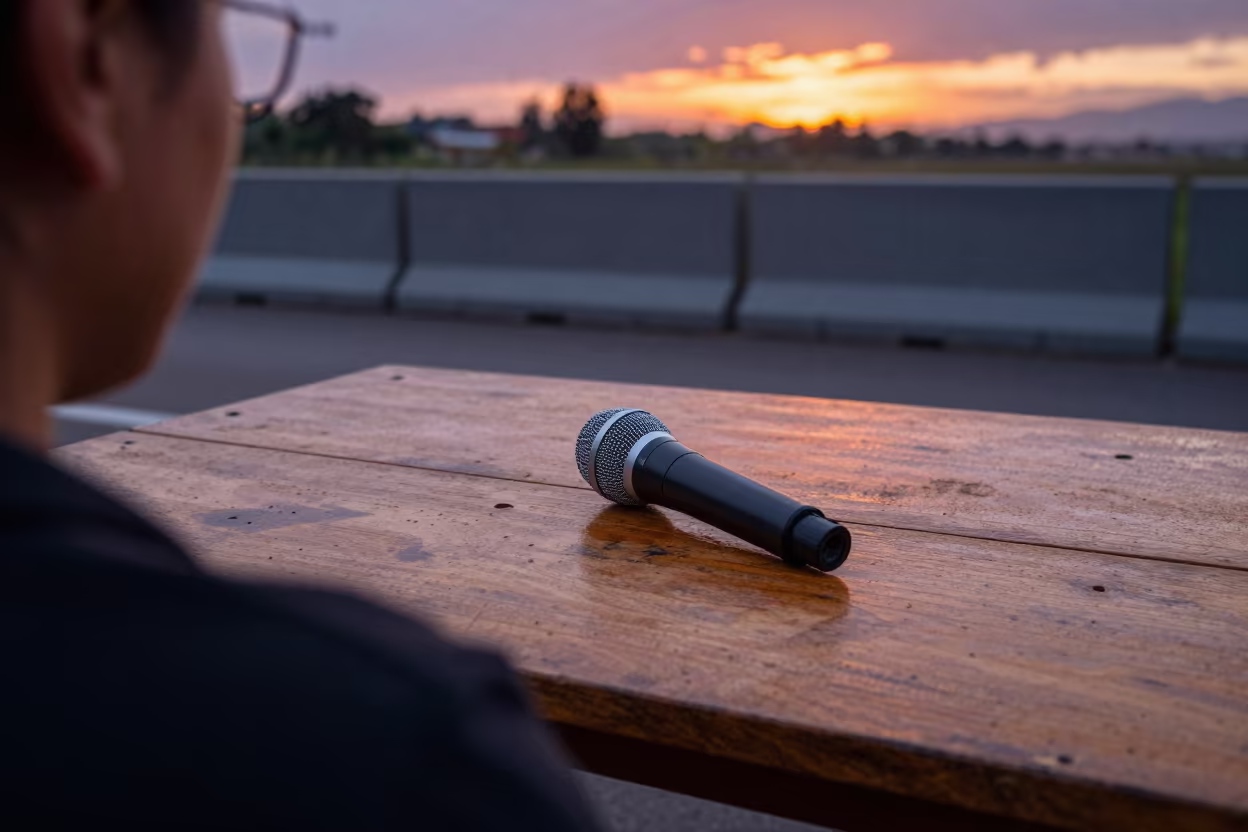 Microphone on Wood Table Sunset Tarapoto in along barricaded protest routes in Tarapoto
