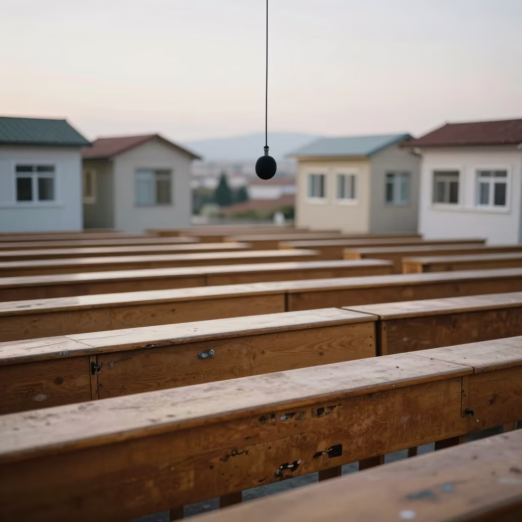 Microphone Above Worn Tablets and Tiny Buildings in in a lecture hall before the crowd arrives in Zonguldak