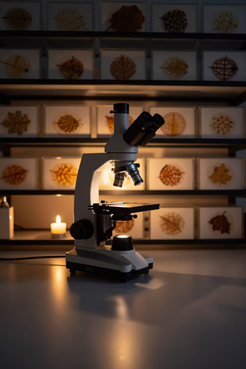 Microscope Camera Examining Leaf Cross Section in in a specimen archive room near Akure
