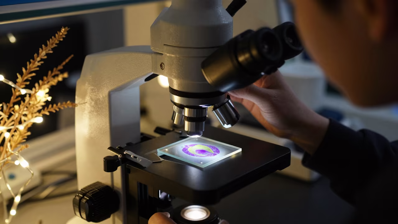 Microscope Camera Viewing Stained Leaf Cross Section in inside a clean room near Tianjin