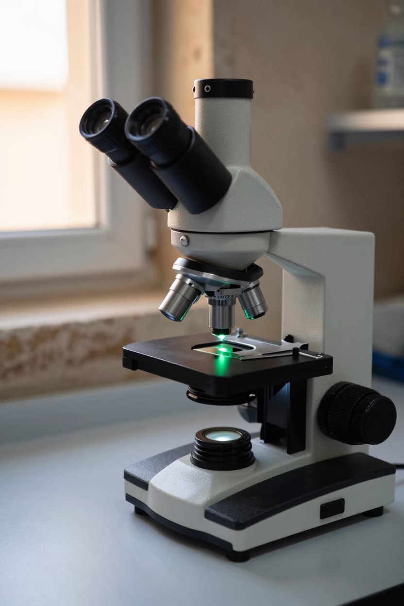 Microscope condenser green light on slide in in a fossil prep lab in Ouarzazate