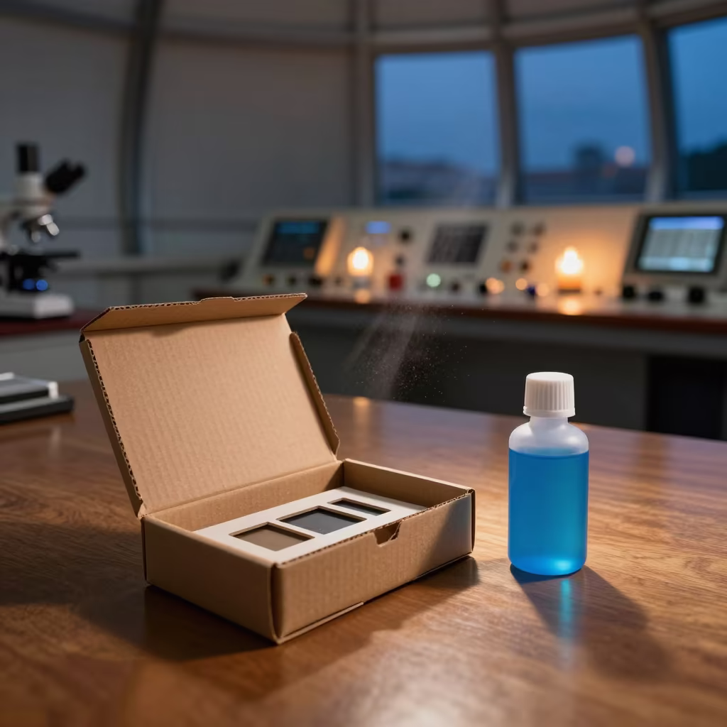 Microscope Cover Slip Box Blue Stain Willemstad in inside an observatory control room in Willemstad