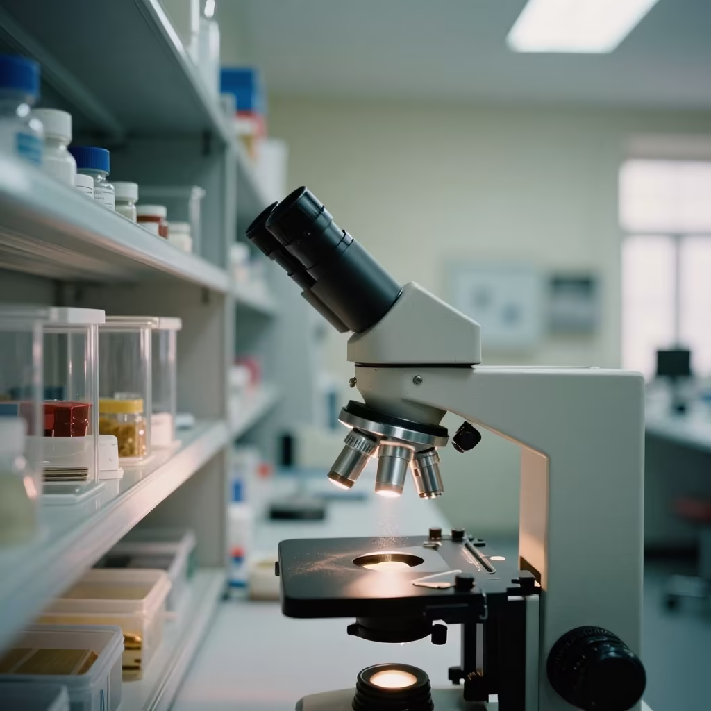 Microscope Lamp Dust Motes Archive Veliko Tarnovo in in a specimen archive room near Veliko Tarnovo