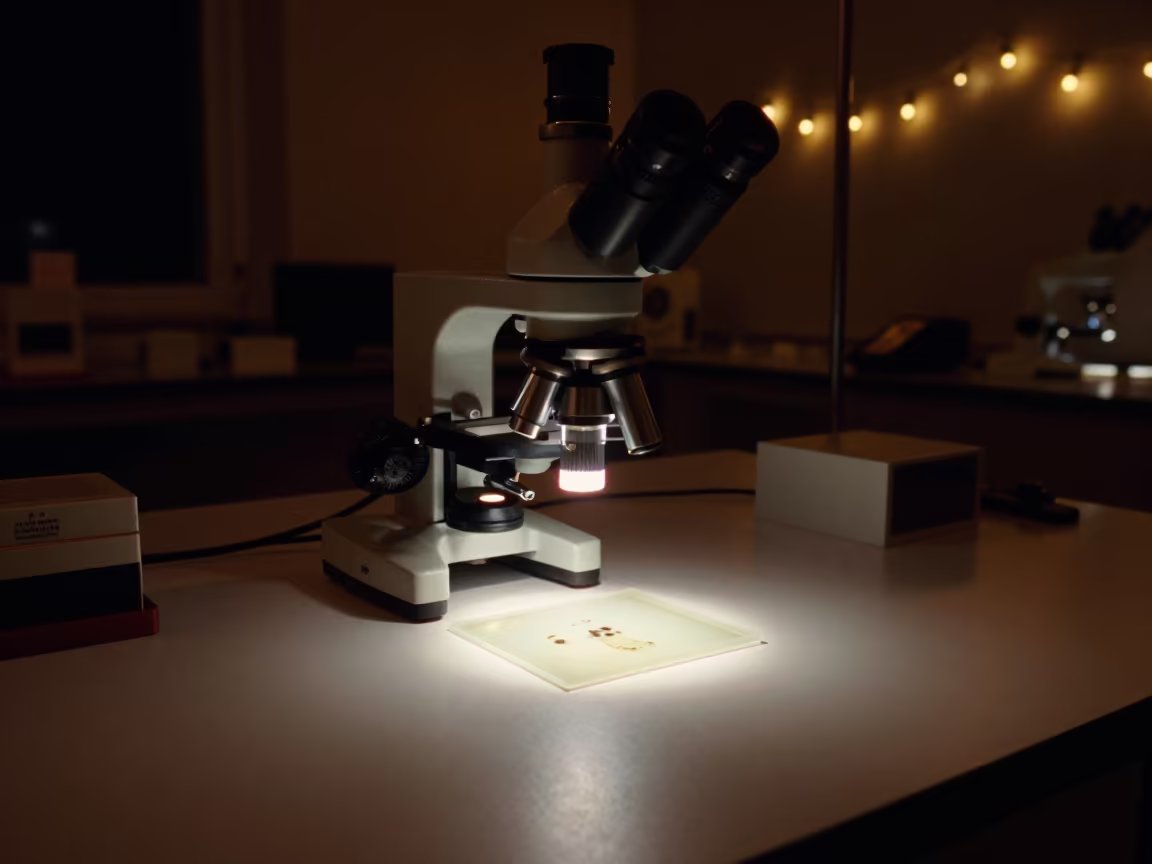 Microscope Lamp Illuminating Plankton Slide in Lab in in a fossil prep lab in Al-Safira