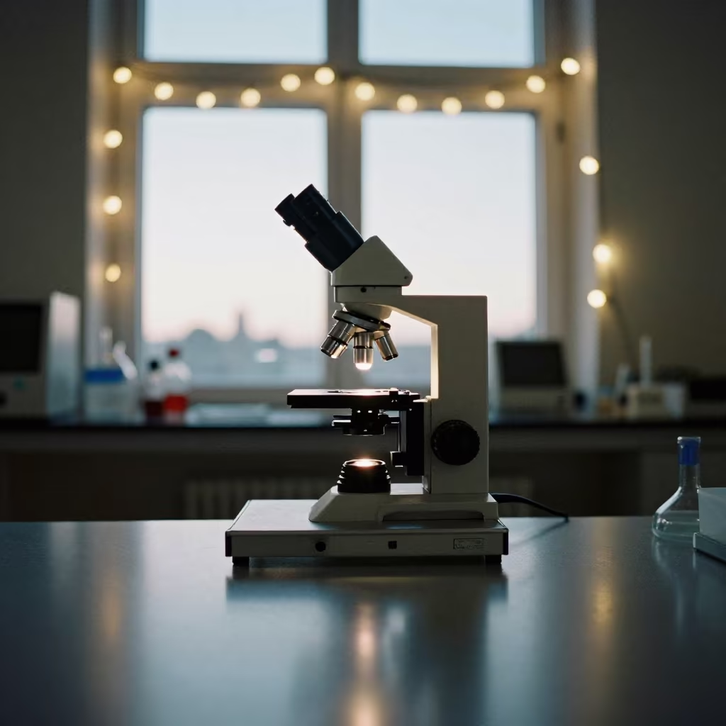 Microscope Lamp Glowing Over Plankton Slide in Lab in in a bright laboratory in St Petersburg