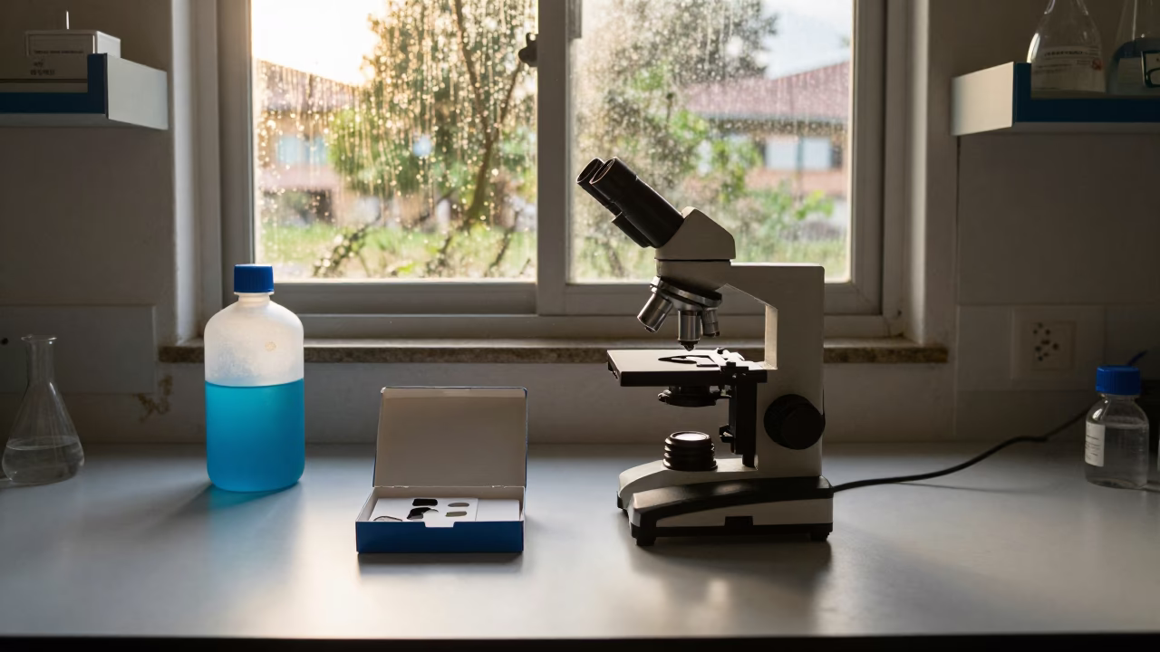 Microscope Slide Box and Blue Stain in Lab Light in in a bright laboratory near Port-de-Paix