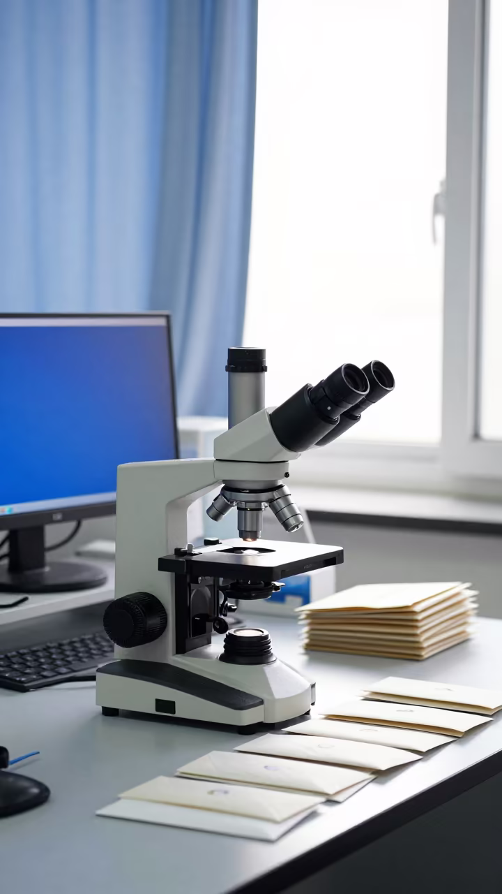 Microscope Turret in Fossil Lab with Snow and Sun in in a fossil prep lab in Abu Dhabi