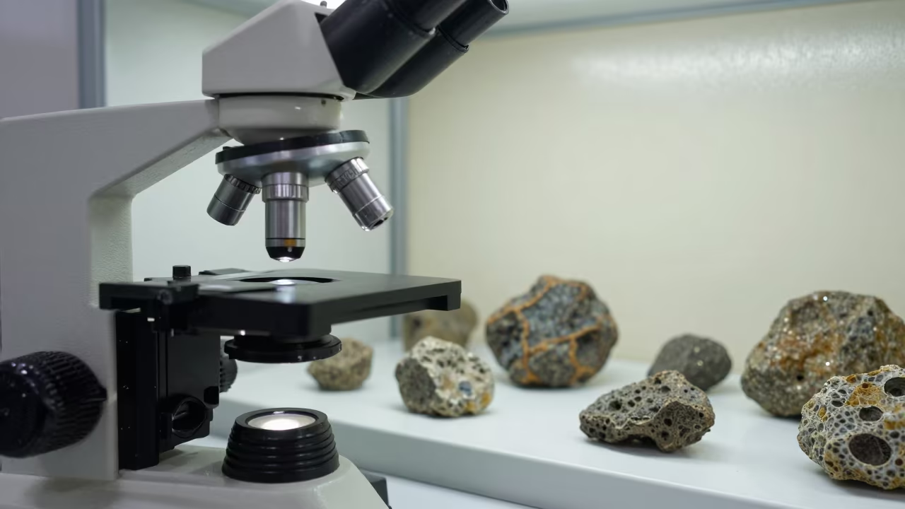 Microscope Turret Beside Rock Cores Iloilo Archive in in a specimen archive room in Iloilo