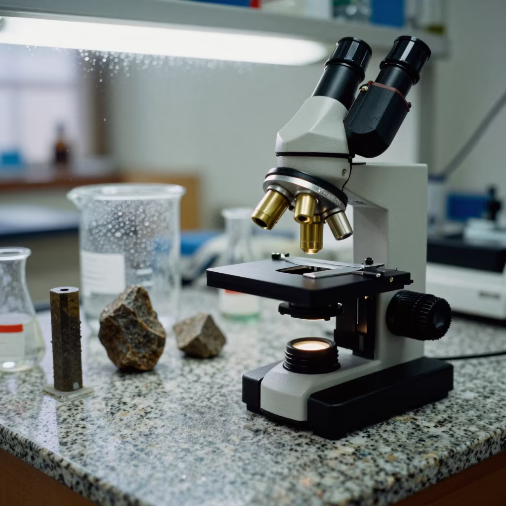 Microscope Turret Beside Rock Cores in Quito Lab in at a microscopy bench in La Ronda, Quito