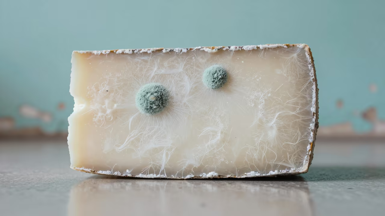 Microscopic Mold Texture on Aged Cheese Rind in against weathered turquoise paint in Victoria