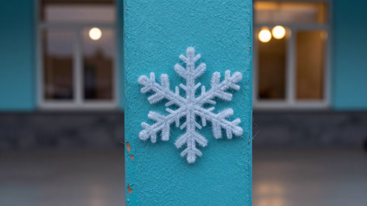 Microscopic Snowflake on Turquoise Wool Near Almaty in against weathered turquoise paint near Almaty