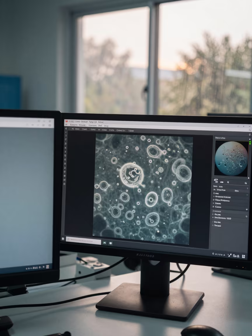 Microscopy Lab Screens Show Cell Structures in inside a clean room near Bogyoke Market, Yangon