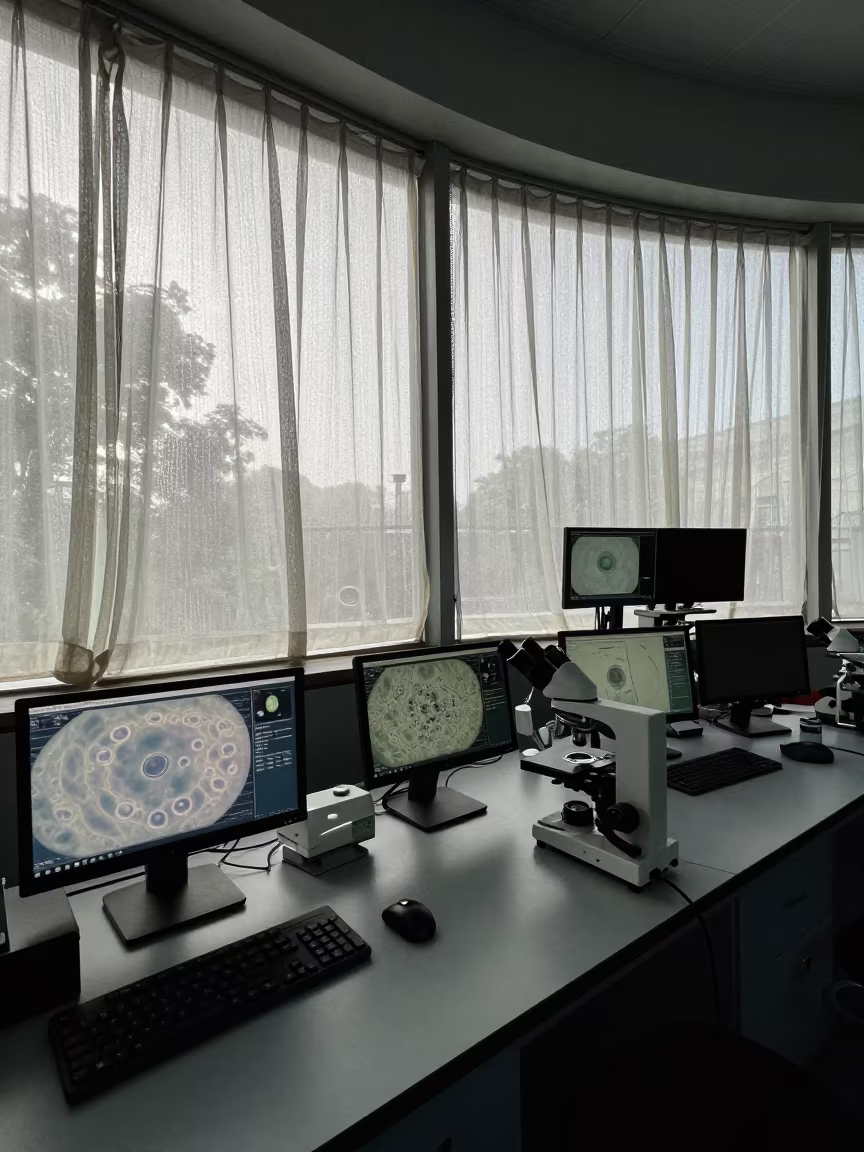 Microscopy Lab Screens at First Light in inside an observatory control room near Haikou