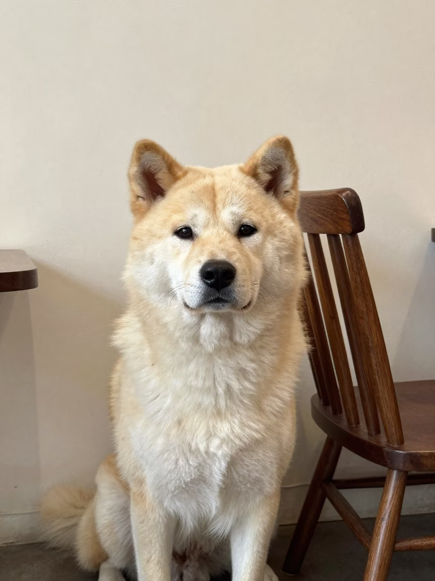 Mid 1960s Jindo Dog Portrait in Monterrey Room in beside a plain plaster wall in soft indoor light with the animal centered in frame in Monterrey