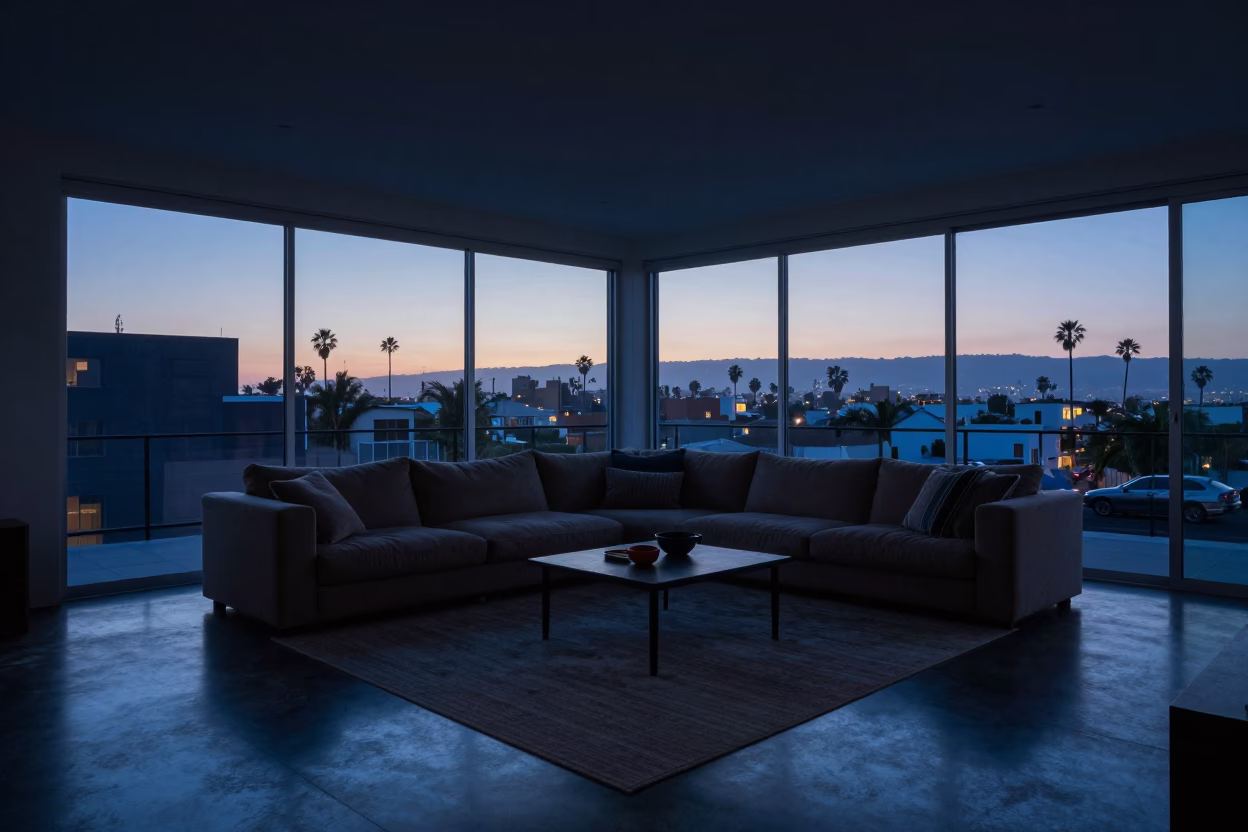 Mid Century Modern Los Angeles Apartment Interior Indigo Twilight Tea Service in in Los Angeles, California, United States