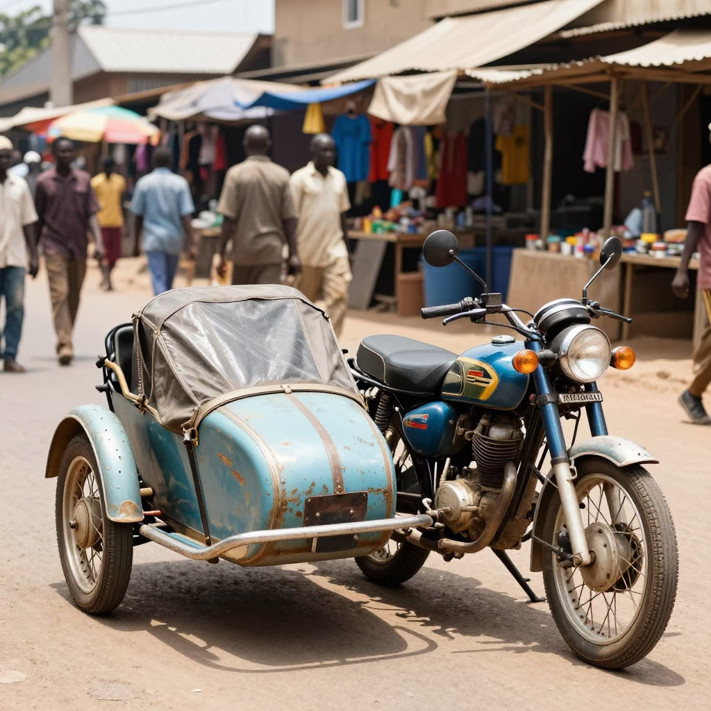 Midday Accra Ghana Street Scene Vintage Motorcycle Sidecar Local Market in in Accra, Ghana