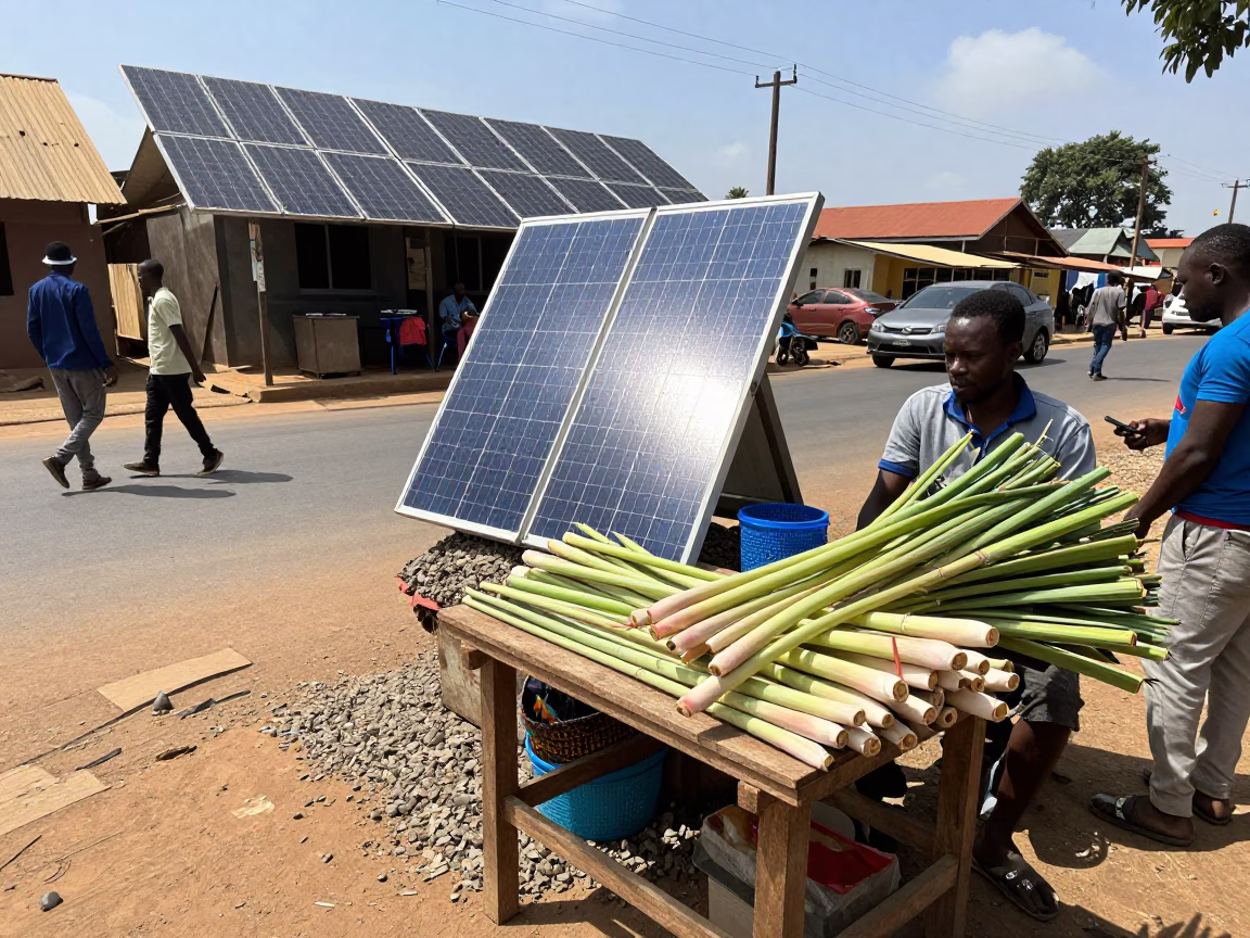 Midday Accra Ghana Street Scene with Solar Panels and Lemongrass Market Stall in in Accra, Ghana