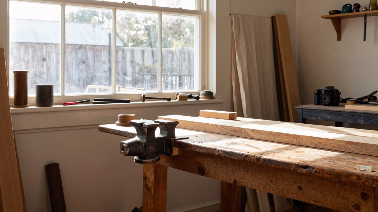 Midday Adelaide Workshop Interior with Vintage Tools and Linen Details in in Adelaide, South Australia, Australia