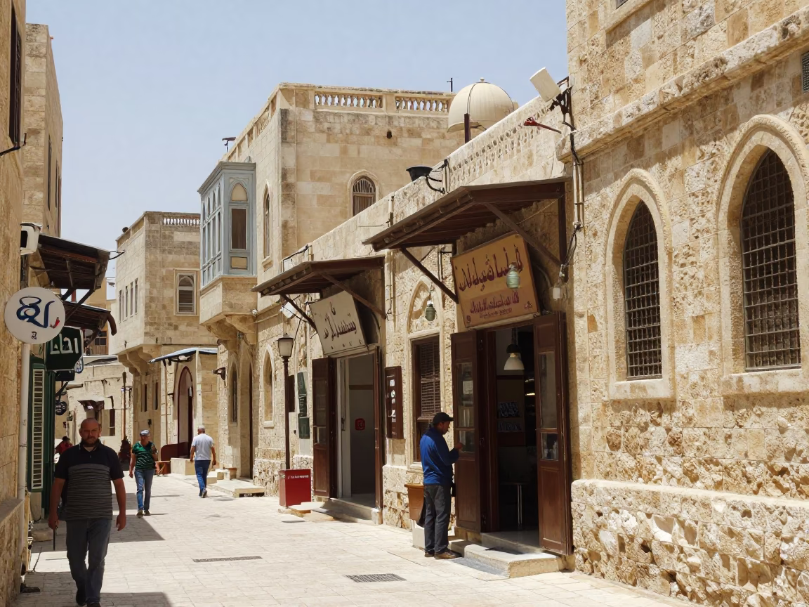 Midday Amman Street Scene with Stone Architecture and Local Commerce in in Amman, Jordan