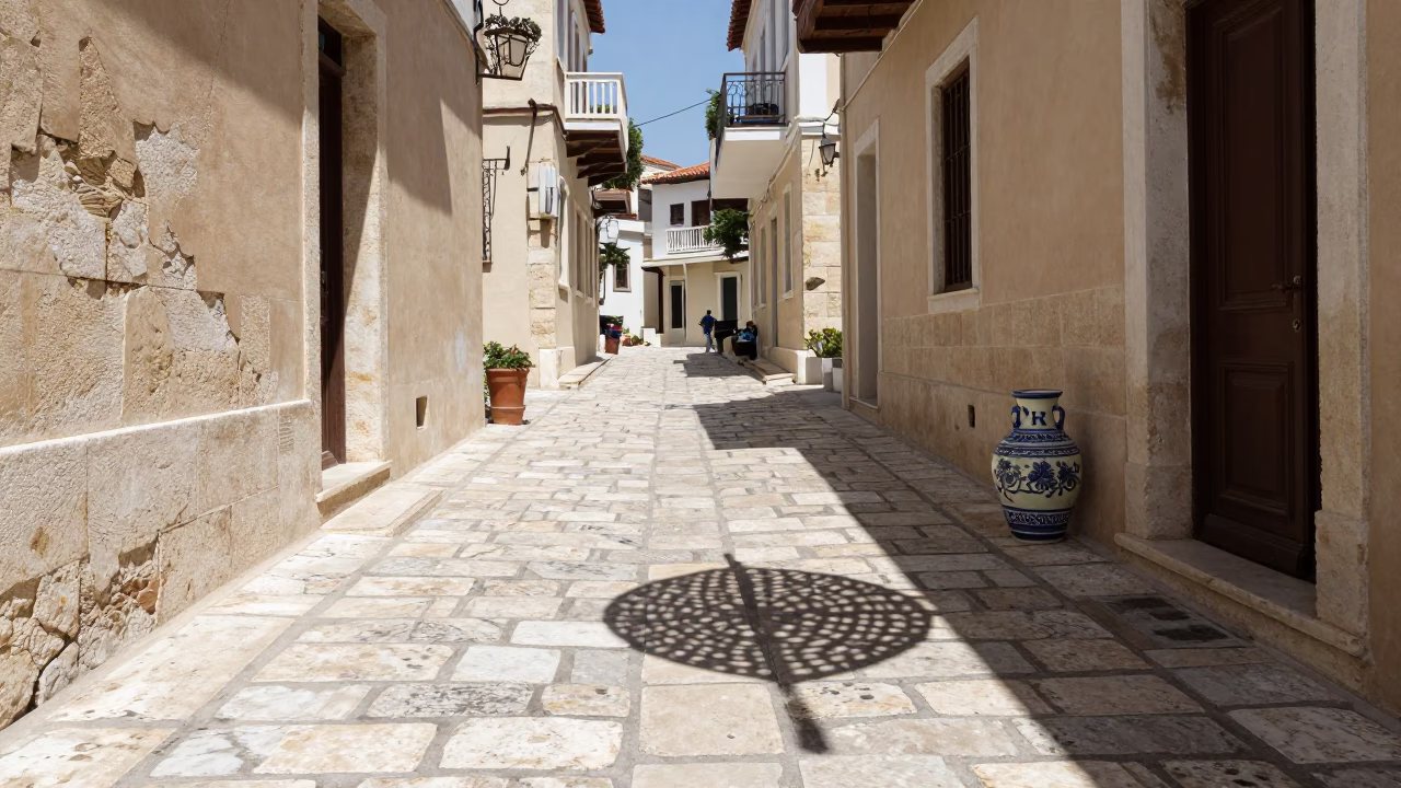 Midday Athens Greece Street Scene with Wicker Shadow and Ceramic Bowl in in Athens, Greece