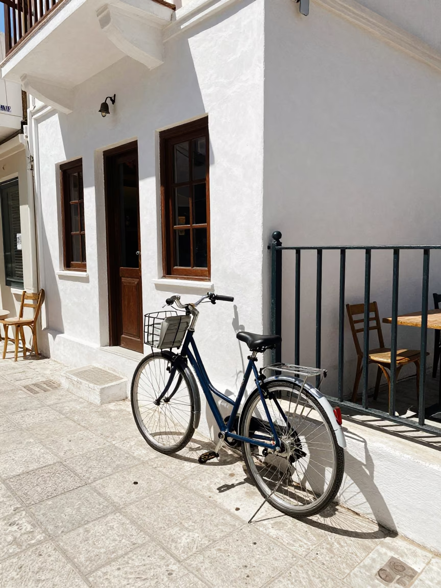 Midday Athens Street Scene with Bicycle and Substation Fence in Greece in in Athens, Greece