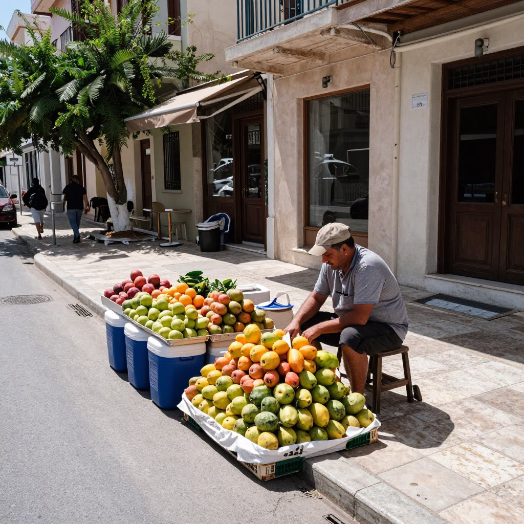 Midday Athens Street Scene with Date Vendor and Cooling Fans in in Athens, Greece