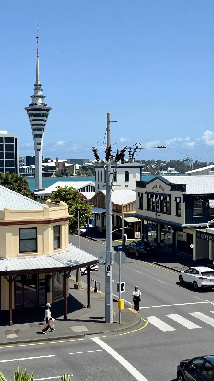 Midday Auckland New Zealand Harbor View with Substation Insulators and Coastal Architecture in in Auckland, New Zealand