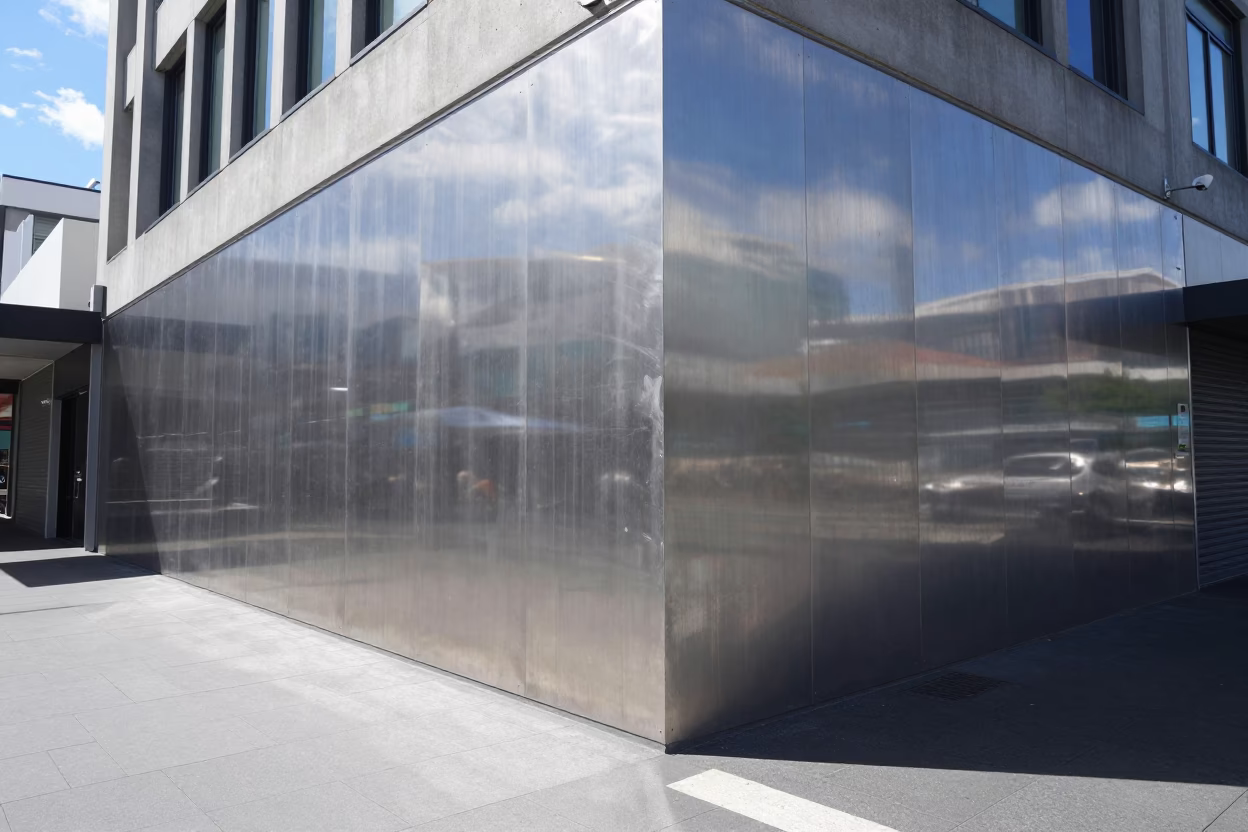 Midday Auckland Street Scene with Brushed Steel Wall and Local Pedestrians in in Auckland, New Zealand
