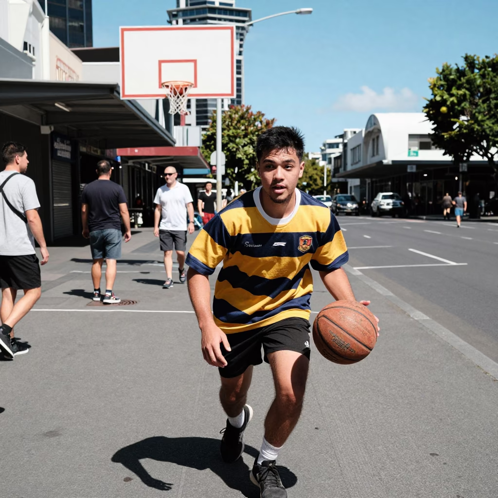 Midday Auckland Street Scene with Vintage Leather Basketball and Local Pedestrians in in Auckland, New Zealand