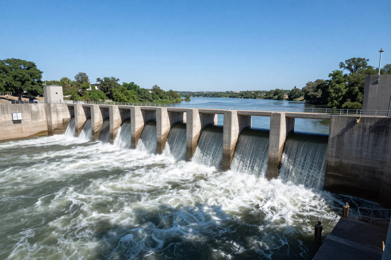 Midday Austin Texas Landscape with Dam Spillway and Leaf Shadows in in Austin, Texas, United States